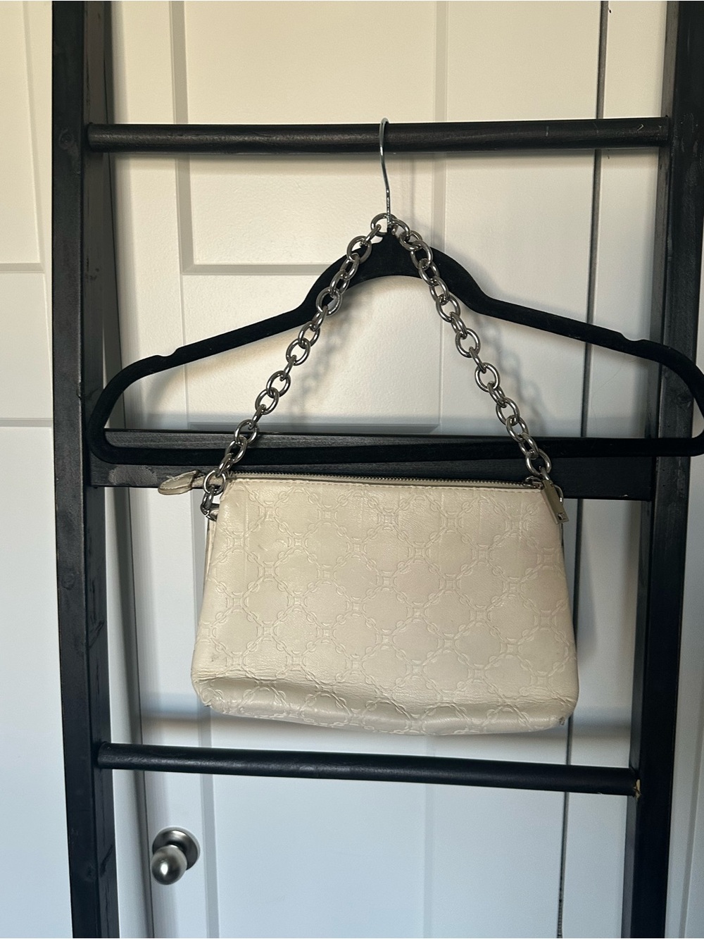 Mango Cream Embossed Shoulder Bag with Silver Chain